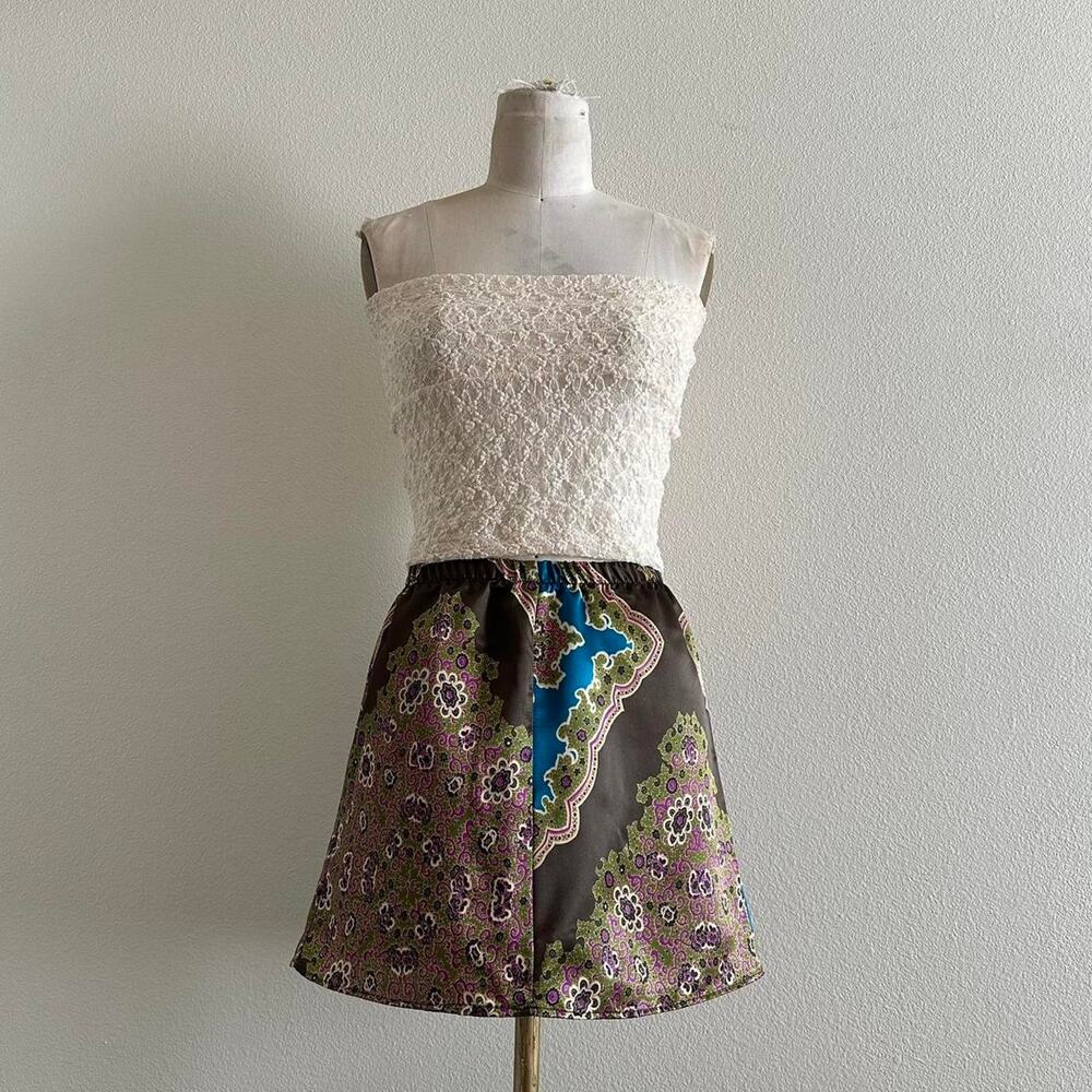handmade brown blue abstract satin mini skirt